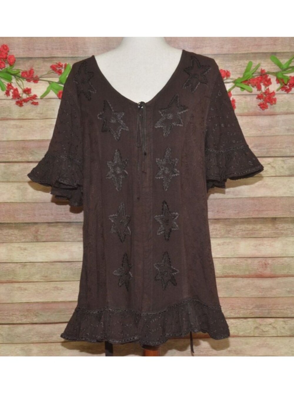 NWT Cotton Rayon Tunic Top 2X Brown Embroidered Boho Ruffle Bell Sleeve Artisan